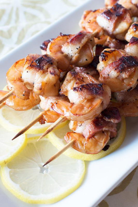 Lemon Pepper Bacon Wrapped Shrimp Skewers