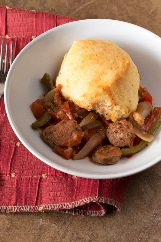 One-Skillet Sausage and Peppers with Biscuit