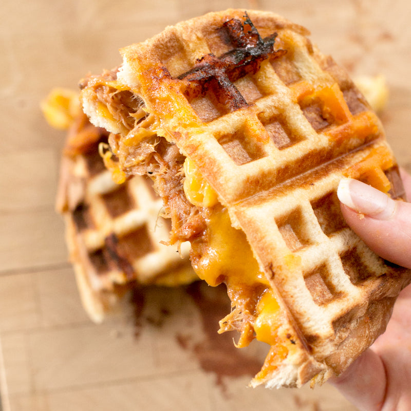 Pulled Pork Mac n Cheese Grilled Cheese Sandwiches (in a waffle iron!)